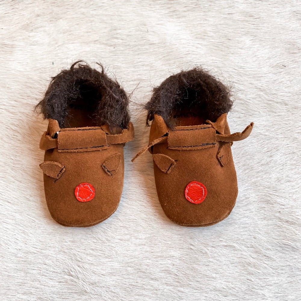 Hand stitched Rudolph Moccasins size 0-3 months